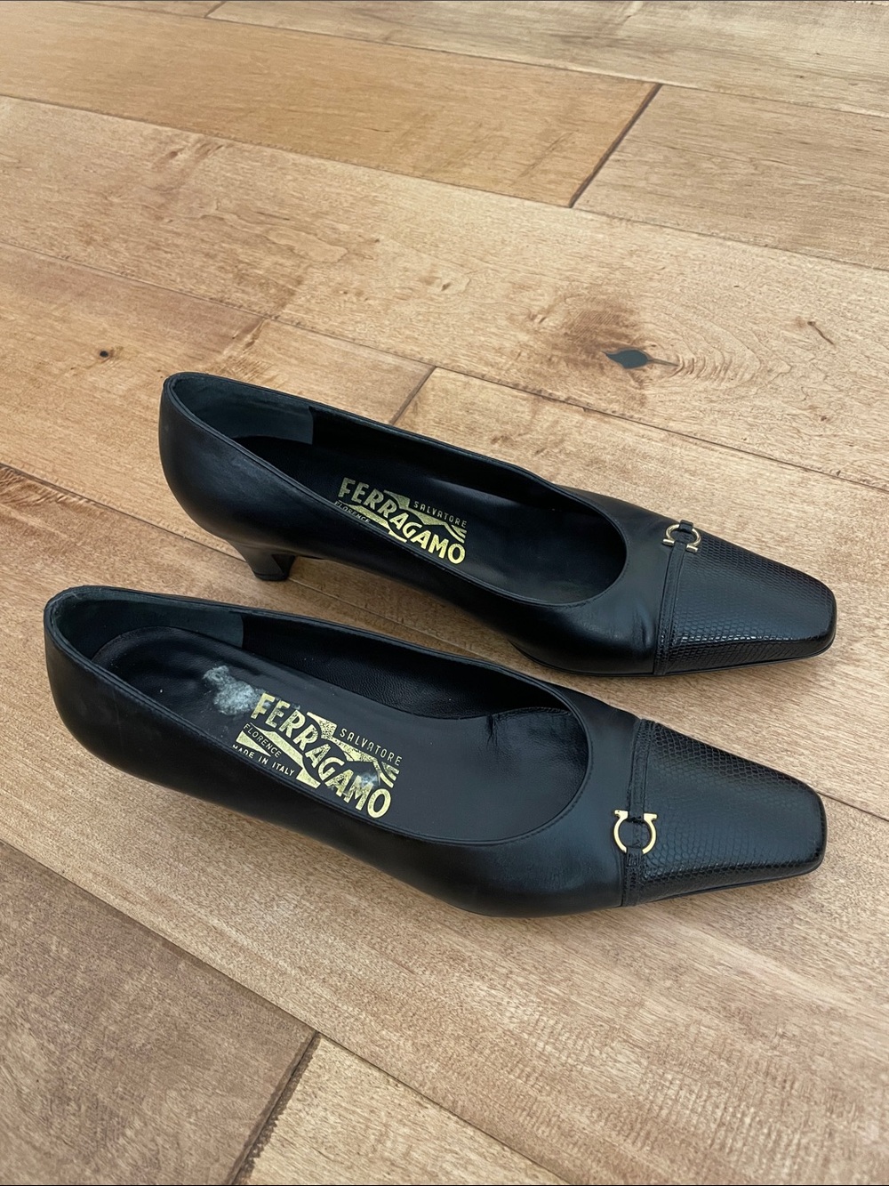Salvatore Ferragamo Black Leather Low Heel Pumps